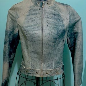 VERA PELLE Lavorazione Artigianali  Blue distressed Vegan Leather Moto Jacket